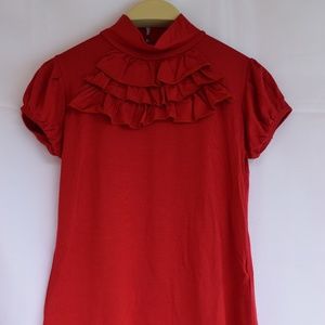 Vintage Mock-neck Short Sleeve Ruffled Red Top
